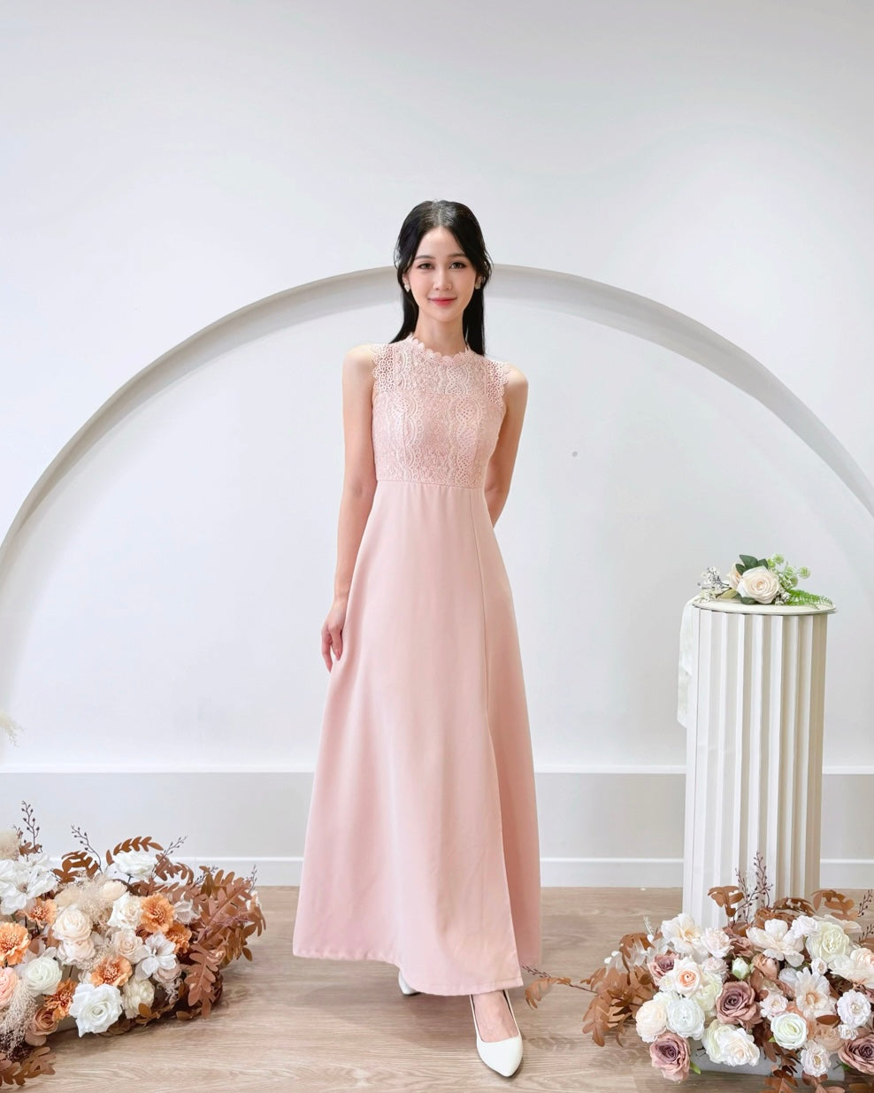 Sleeveless Lace A Line Maxi Dress WHITE/ PINK (S-XL)