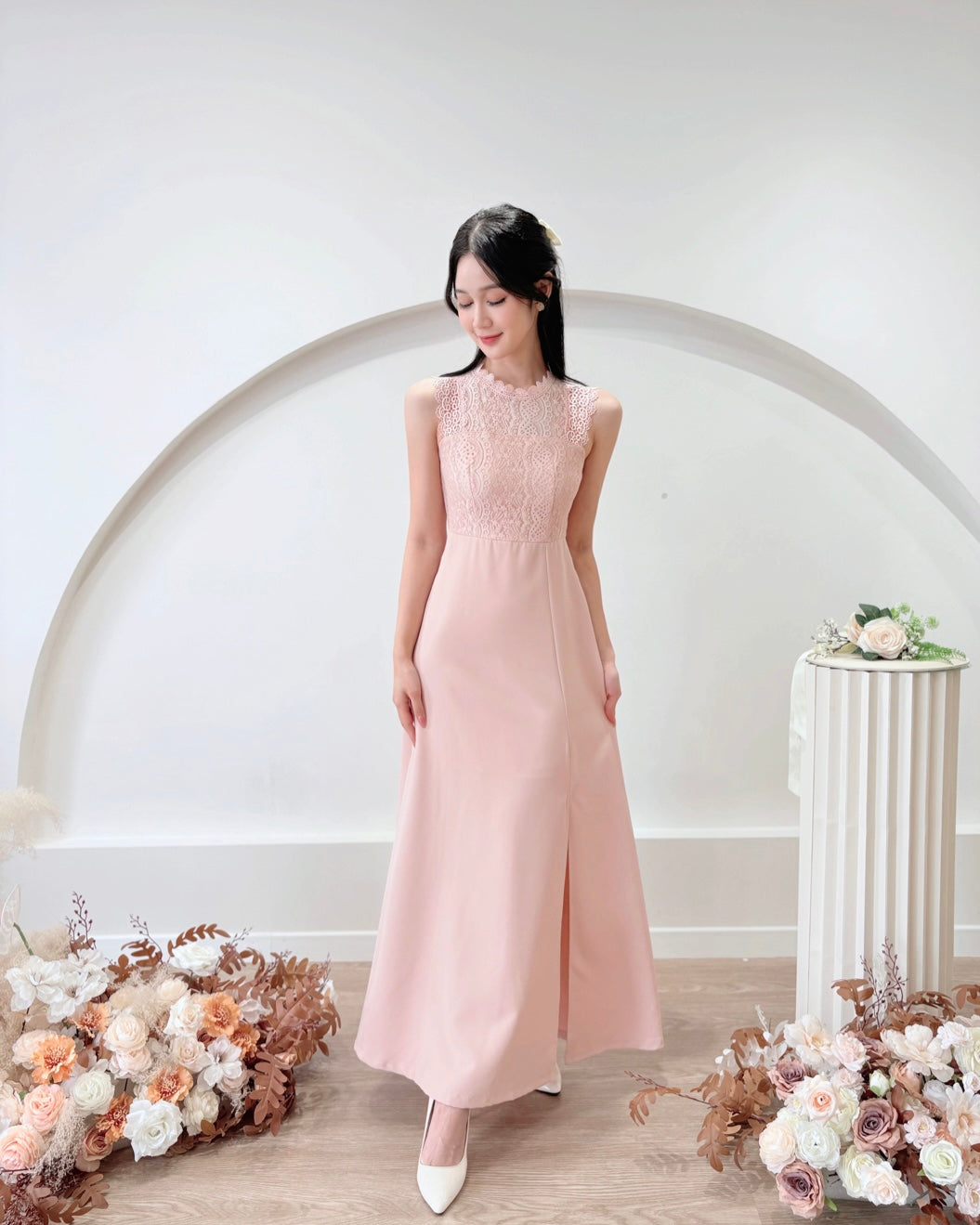 Sleeveless Lace A Line Maxi Dress WHITE/ PINK (S-XL)