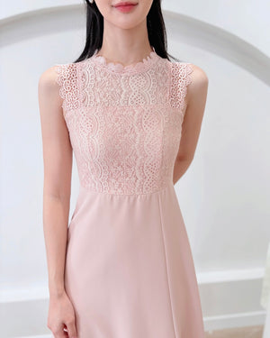 Sleeveless Lace A Line Maxi Dress WHITE/ PINK (S-XL)