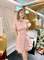 Mesh Sleeve Halter Mini Cheongsam Dress NUDE PINK/ MAROON (S)