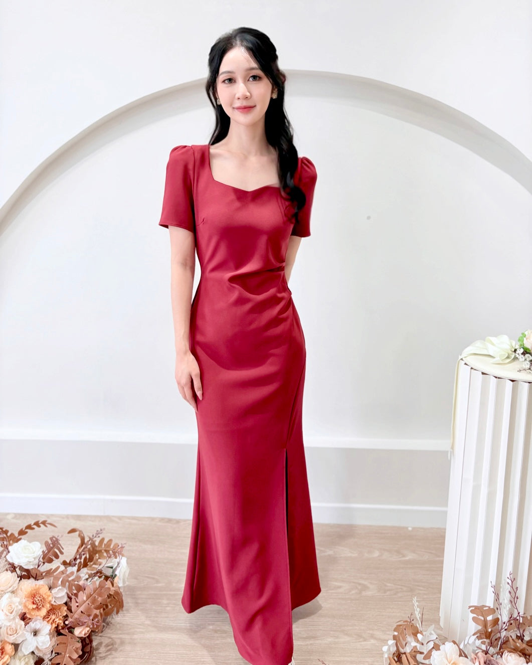 *PLUS SIZE* Sweetheart Slit Mermaid Maxi Dress WHITE/ MAROON (S-2XL)