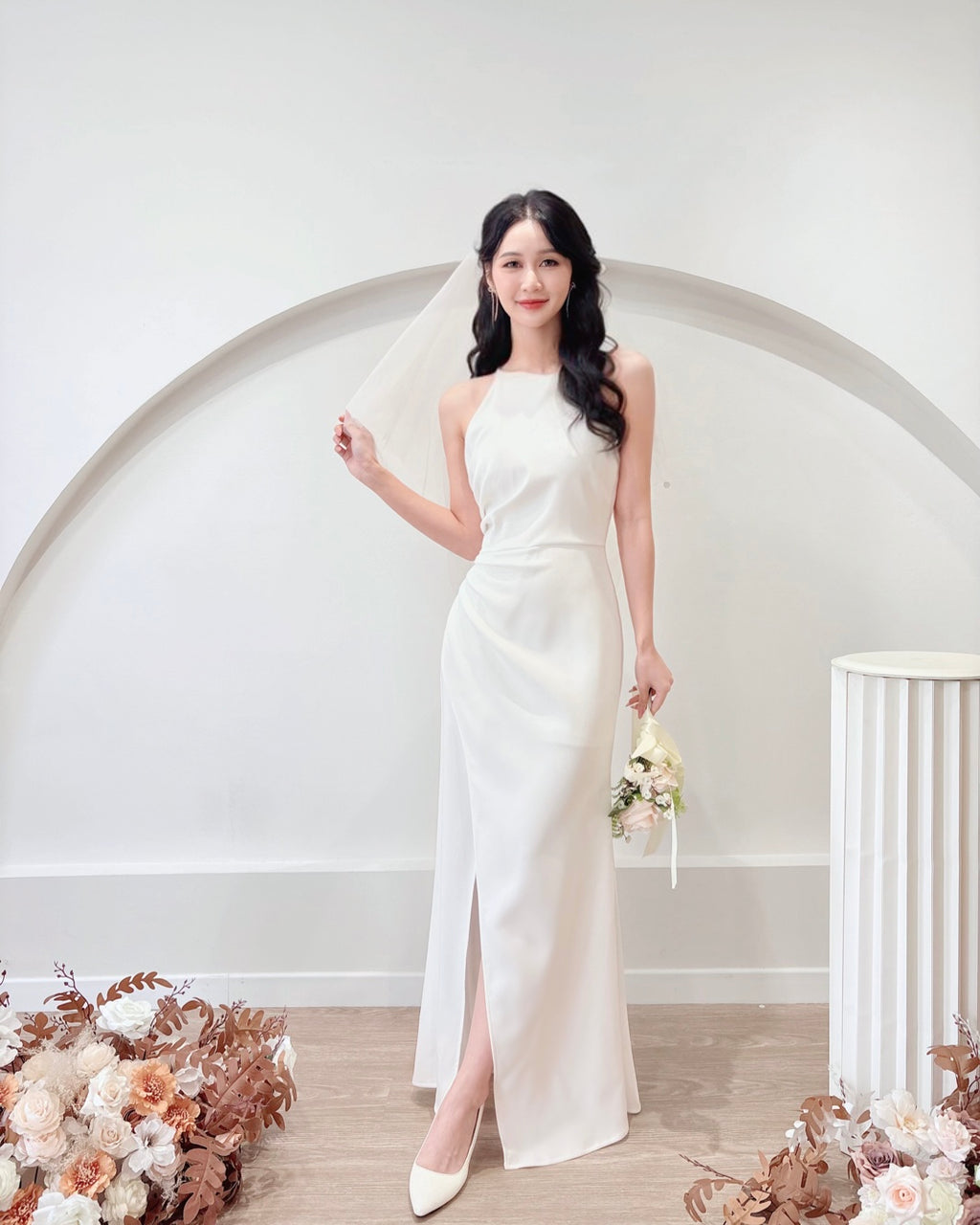 Halter Pleats Mermaid Slit Maxi Gown (S-L)