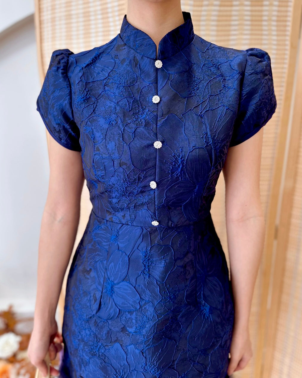 Fur Oriental Collar Mini Qipao NAVY BLUE (S)