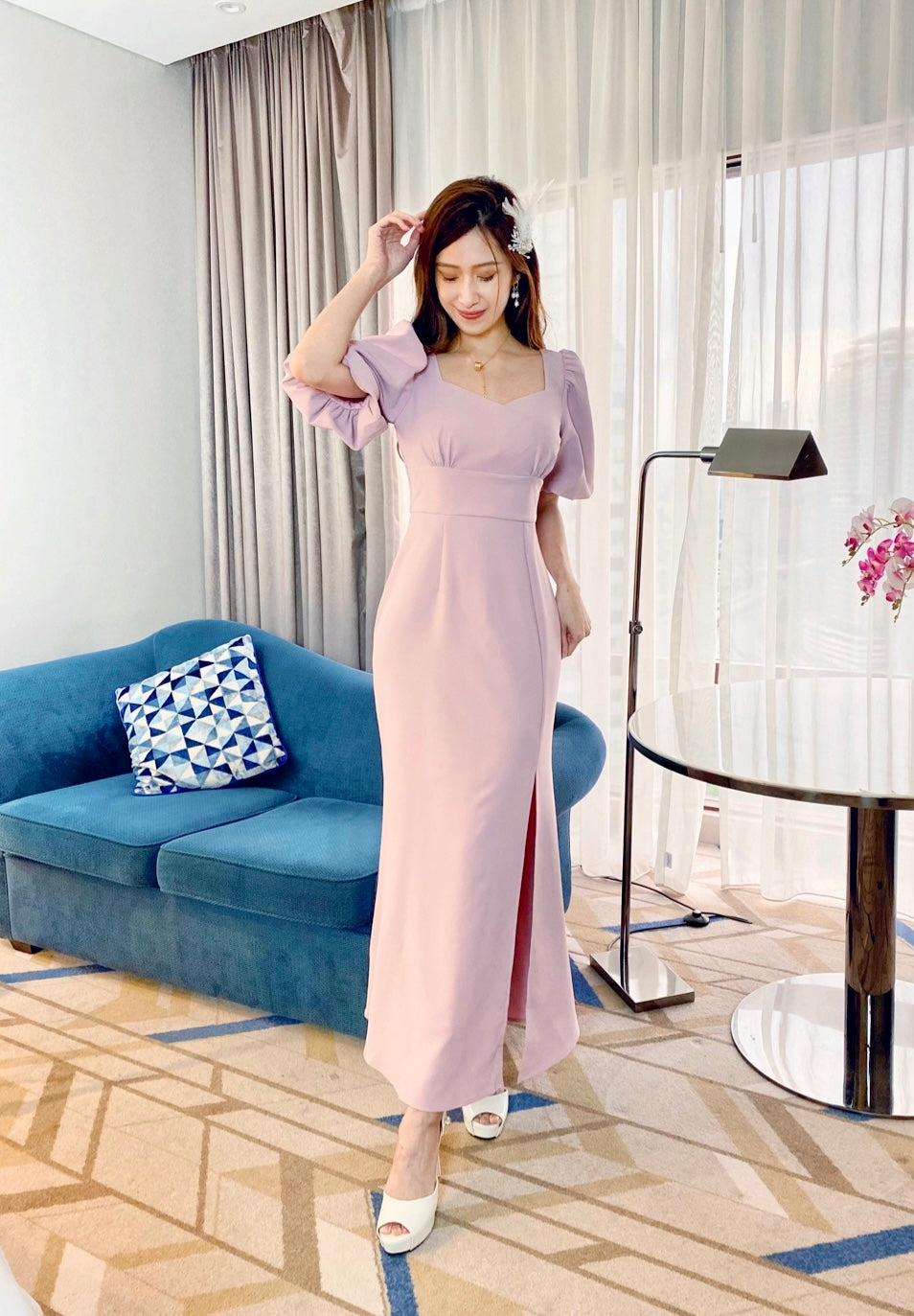 Puffy Sleeve Sweetheart Mermaid Maxi Gown PINK (S-L)