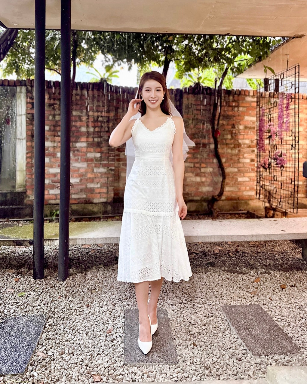 Eyelet V Spaghetti Straps Midi Dress (XS-L)