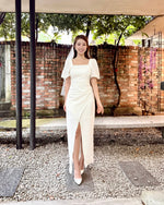 Puffy Sleeve Pleats Design Slit Maxi Gown (S-L)