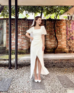Puffy Sleeve Pleats Design Slit Maxi Gown (S-L)