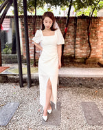 Puffy Sleeve Pleats Design Slit Maxi Gown (S-L)