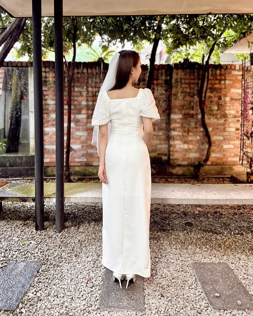Puffy Sleeve Pleats Design Slit Maxi Gown (S-L)
