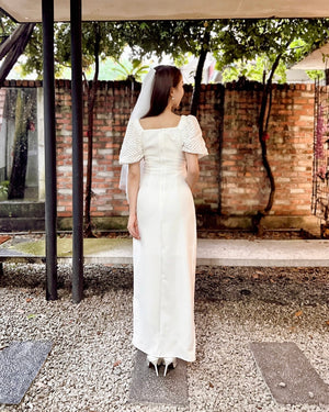 Puffy Sleeve Pleats Design Slit Maxi Gown (S-L)