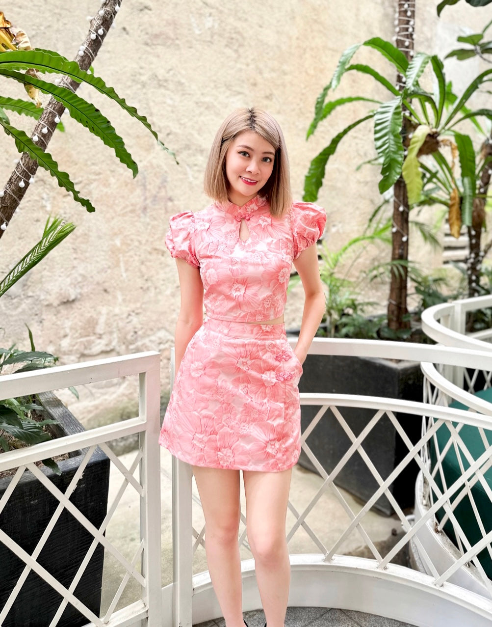 Embroidery Lace Puffy Sleeve Oriental Set Wear CORAL PINK (S)