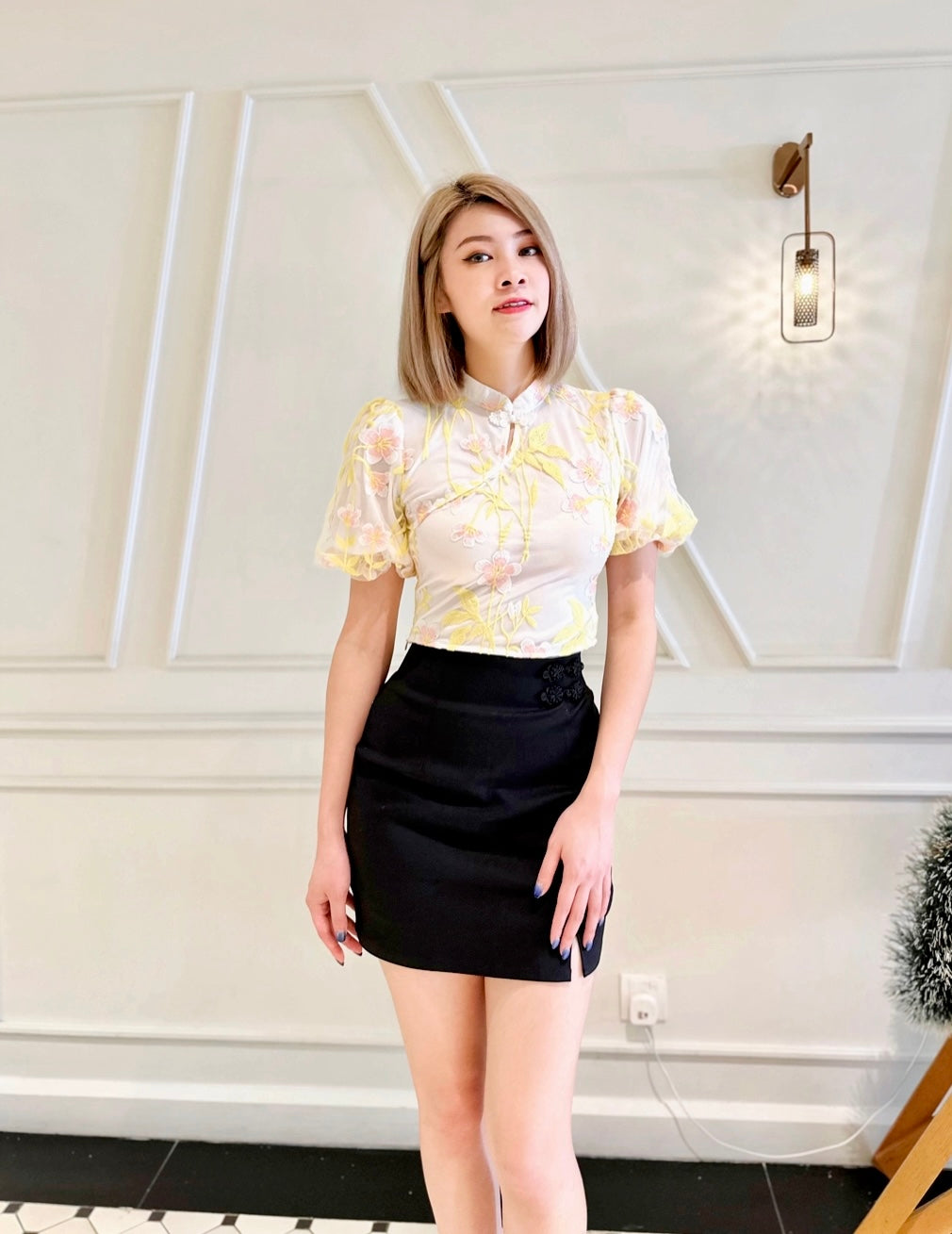 Floral Embroidery Cheongsam Top YELLOW (S)