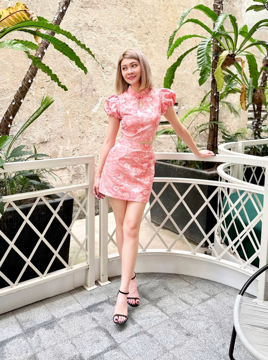Embroidery Lace Puffy Sleeve Oriental Set Wear CORAL PINK (S)
