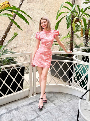 Embroidery Lace Puffy Sleeve Oriental Set Wear CORAL PINK (S)