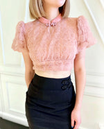 3D Rose Embroidered Lace Crop Top WHITE/ CORAL PINK (SM)