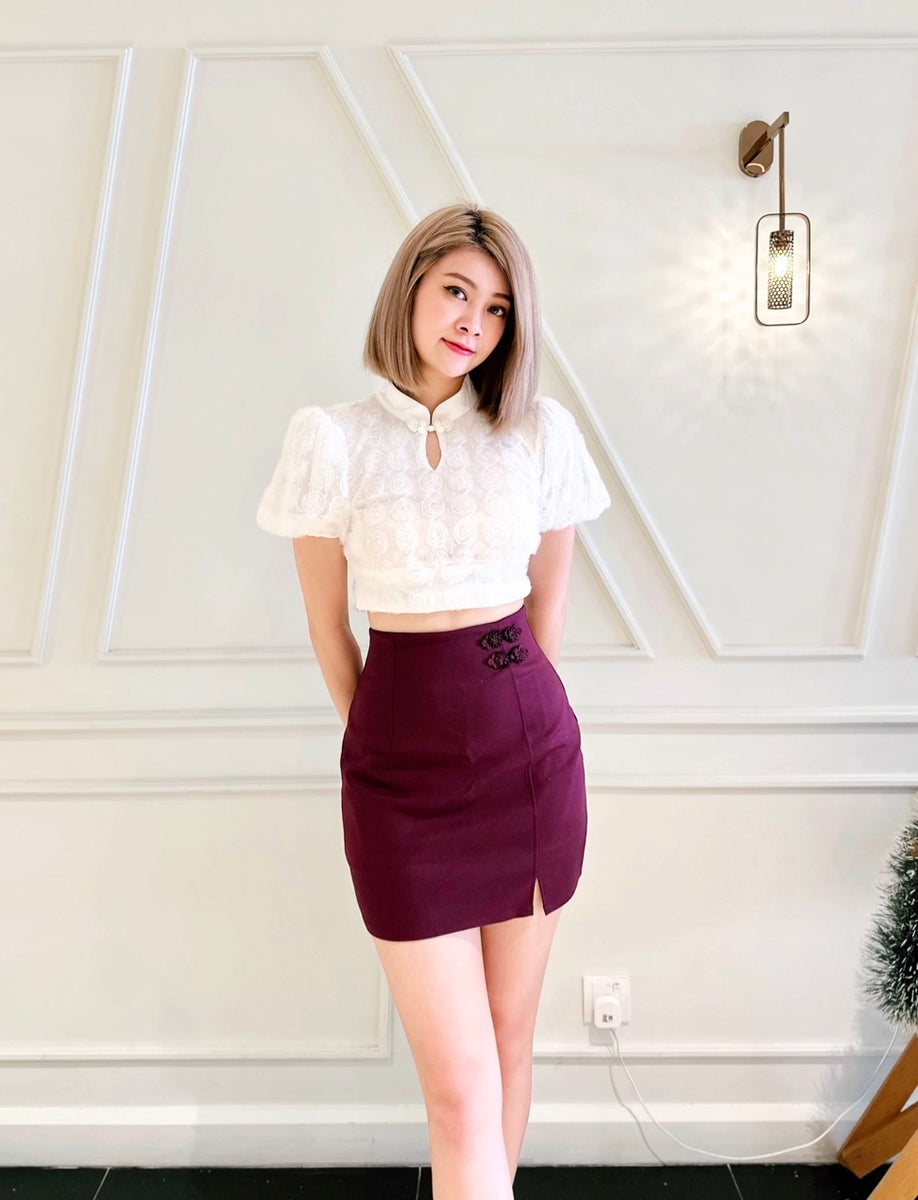 Cheongsam Knot Mini Skort BURGUNDY/ BLACK (S-XL) – Sweet & Classy Co.