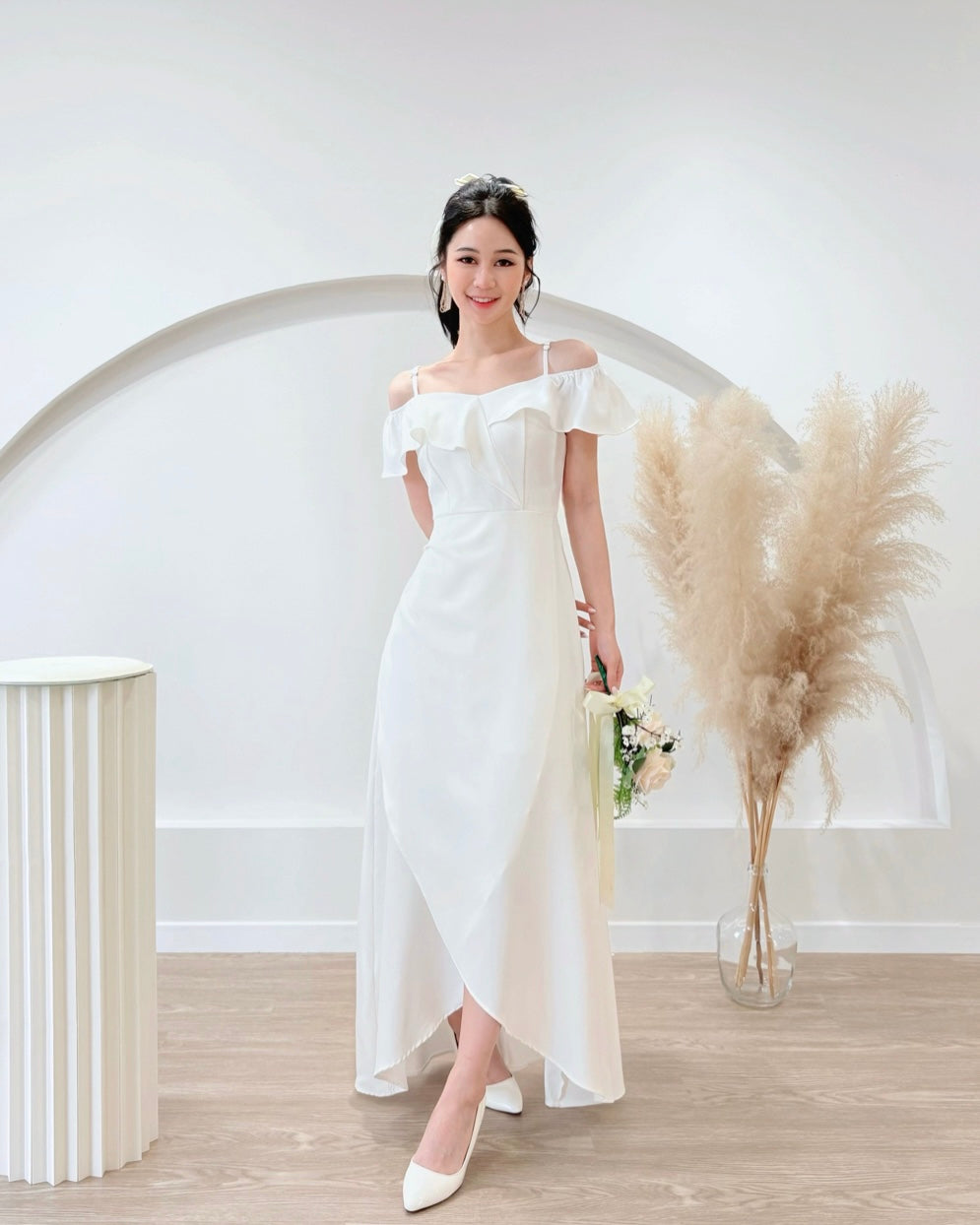 *S&C Made PLUS SIZE* Ruffles Design Cold Shoulder Maxi Gown WHITE (S-2XL)