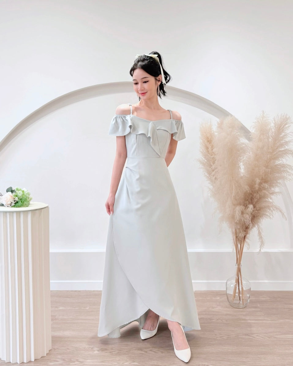 *S&C Made PLUS SIZE* Ruffles Design Cold Shoulder Maxi Gown BABY BLUE (S-2XL)