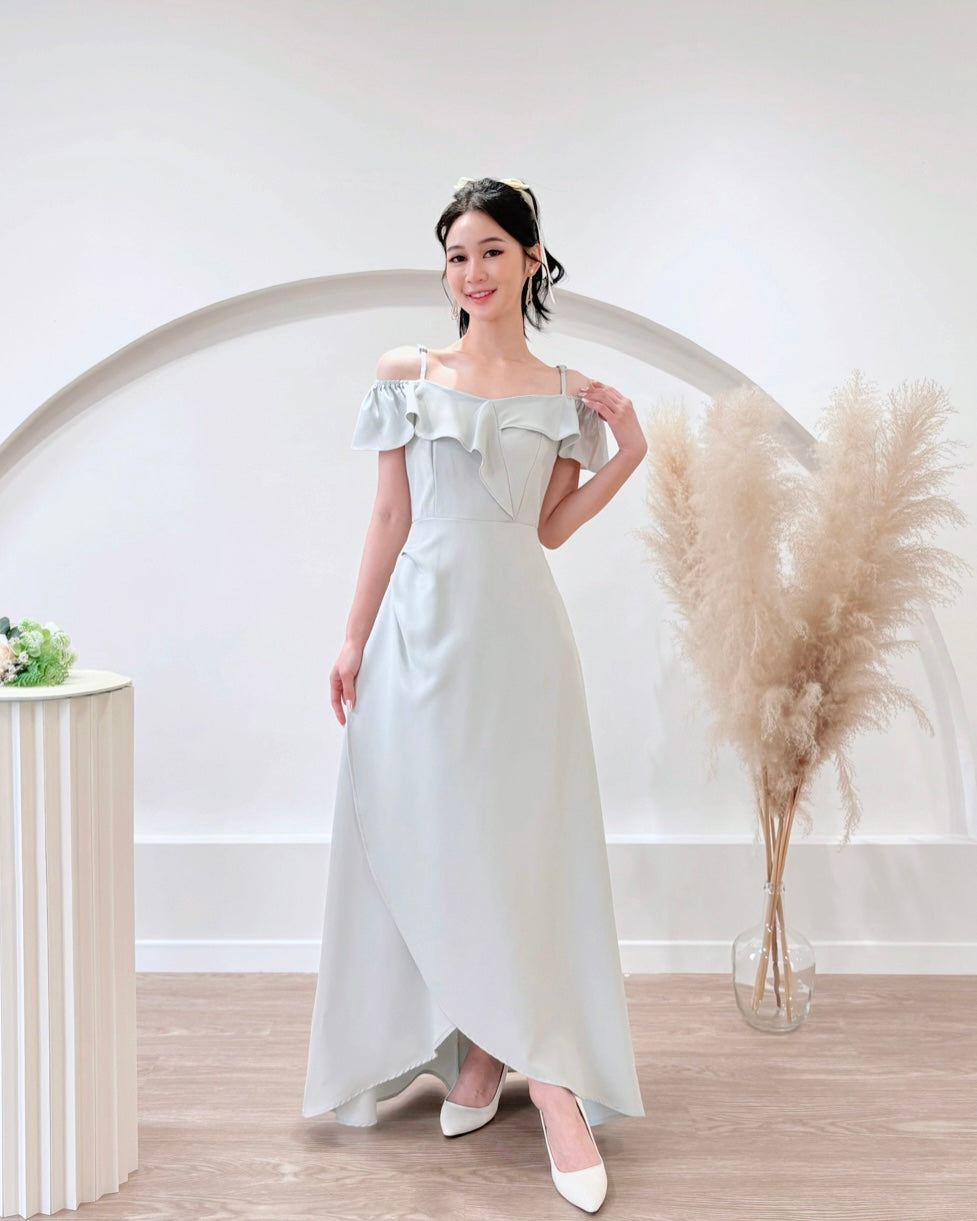 *S&C Made PLUS SIZE* Ruffles Design Cold Shoulder Maxi Gown BABY BLUE (S-2XL)