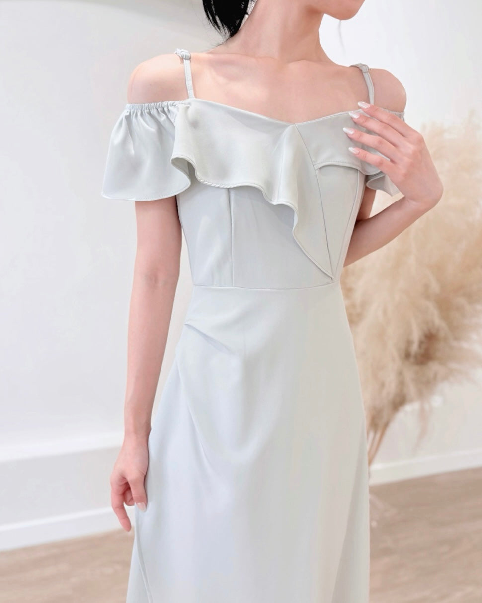 *S&C Made PLUS SIZE* Ruffles Design Cold Shoulder Maxi Gown BABY BLUE (S-2XL)