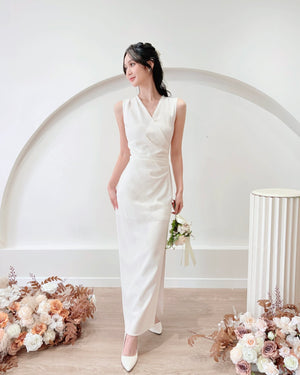 V Sleeveless Pleats Side Slit Maxi Dress (S-L)