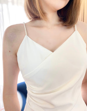 V Pearl Spaghetti Straps Mini Dress WHITE/ MAROON (S-L)