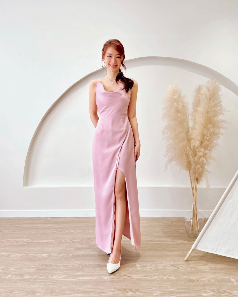 Satin Cowl Neck Spaghetti Straps Maxi Dress PINK (XS)