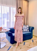 Elastic Shoulder Embroidery Lace Maxi Dress DUSTY LAVENDER/ PEACH PINK (S-XL)