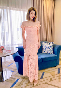 Elastic Shoulder Embroidery Lace Maxi Dress PEACH PINK (S-XL)