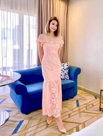 Elastic Shoulder Embroidery Lace Maxi Dress PEACH PINK (S-XL)