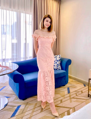 Elastic Shoulder Embroidery Lace Maxi Dress PEACH PINK (S-XL)