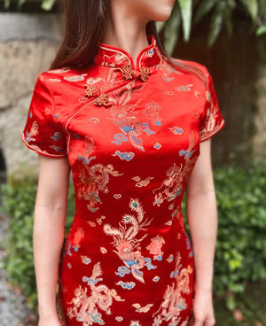 Golden Dragon Embroidery Cheongsam BRIGHT RED/ LIGHT GOLD (XL)