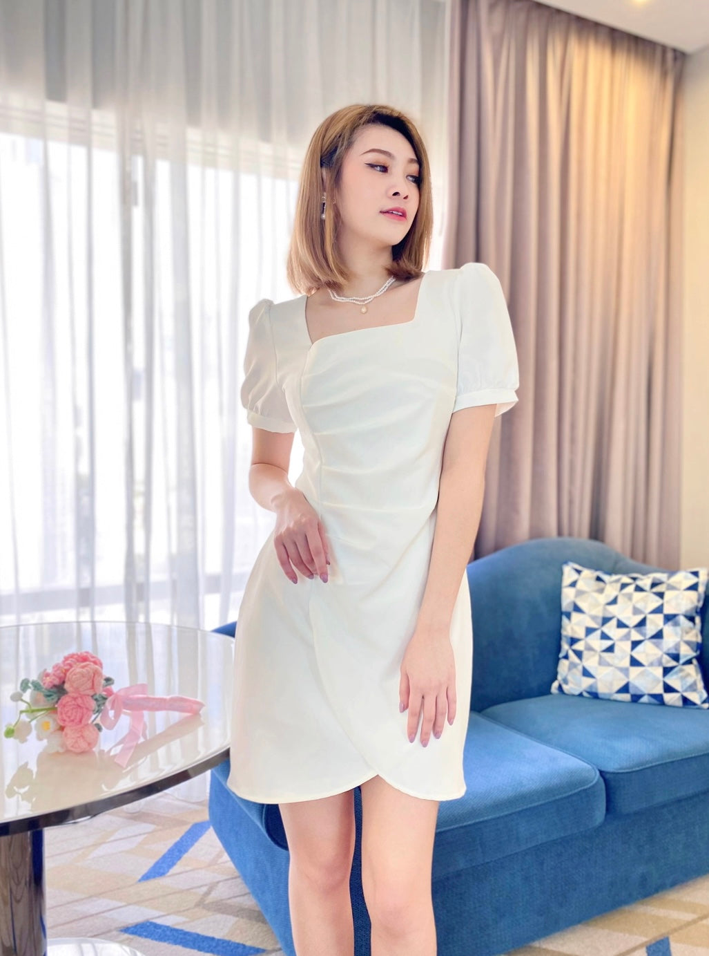 Square Neck Pleats Design Mini Dress WHITE (S-XL)