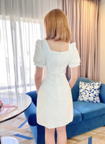 Square Neck Pleats Design Mini Dress WHITE (S)