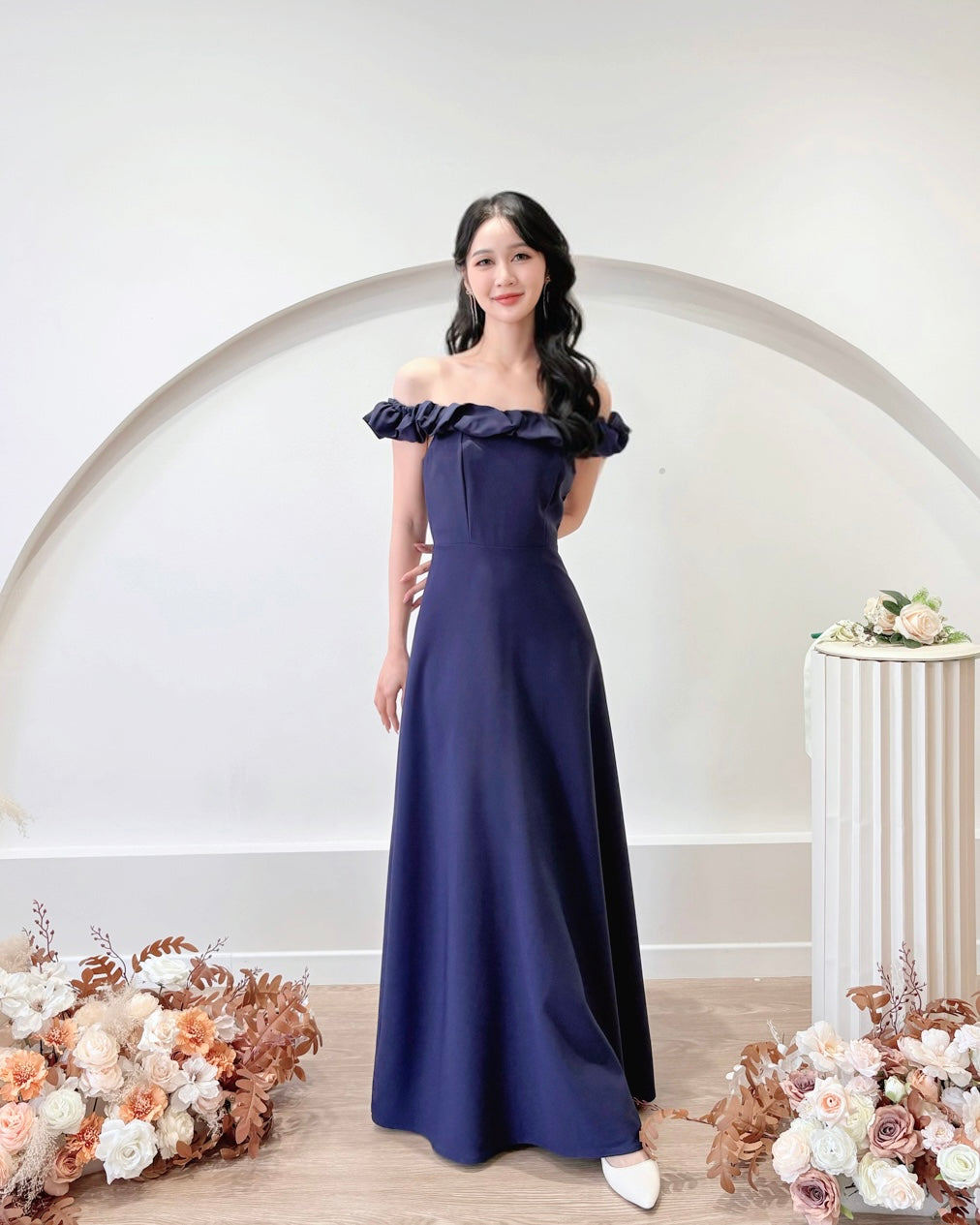 Off Shoulder Sweet Puff Flare Maxi Gown NAVY BLUE (S-XL)