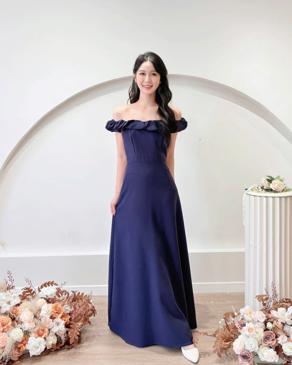 Off Shoulder Sweet Puff Flare Maxi Gown NAVY BLUE (S-XL)