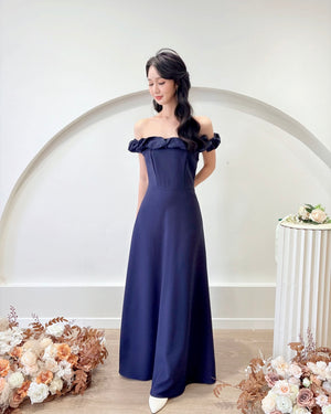 Off Shoulder Sweet Puff Flare Maxi Gown NAVY BLUE (S-XL)