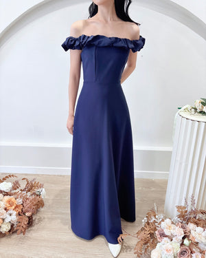 Off Shoulder Sweet Puff Flare Maxi Gown NAVY BLUE (S-XL)