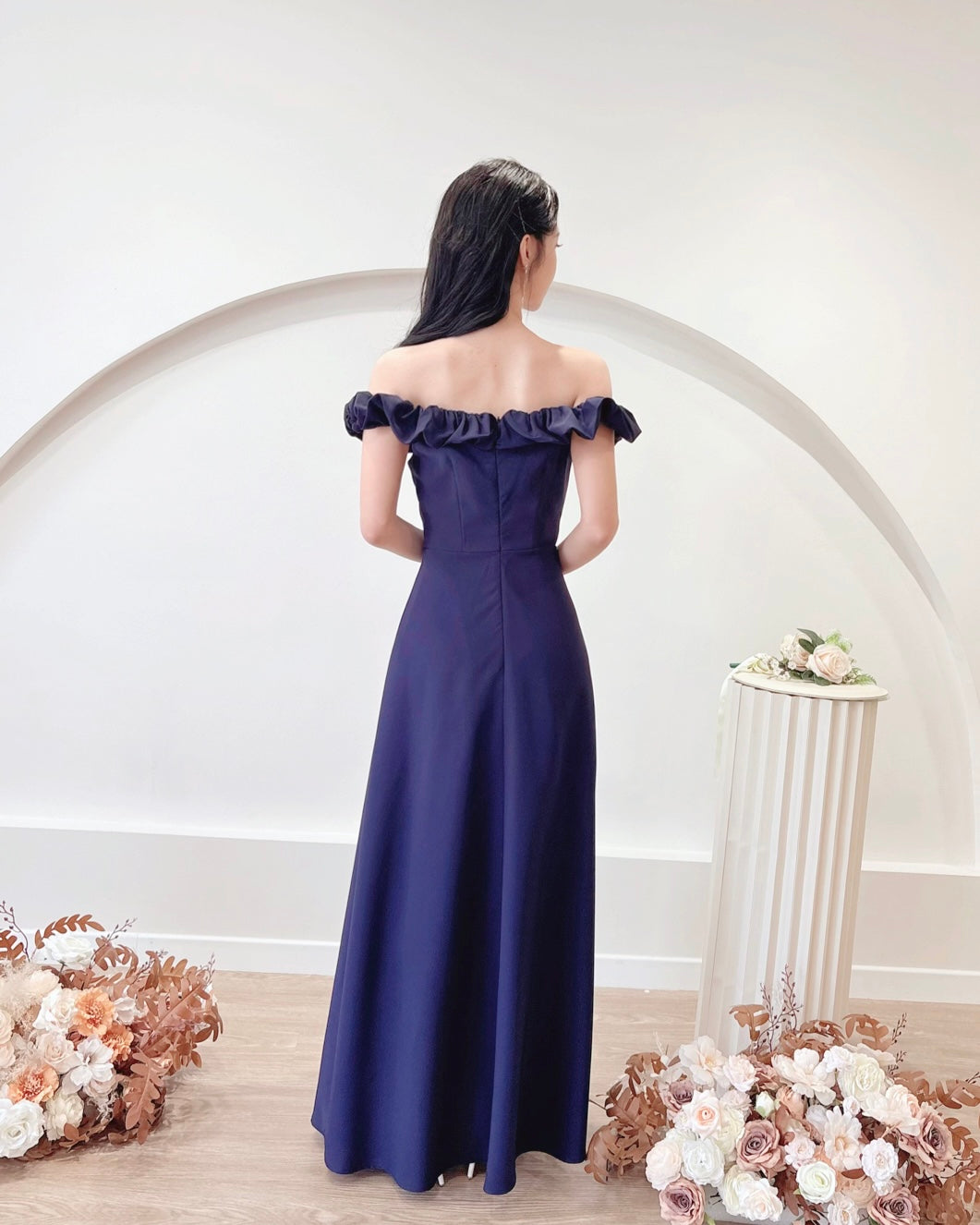 Off Shoulder Sweet Puff Flare Maxi Gown NAVY BLUE (S-XL)