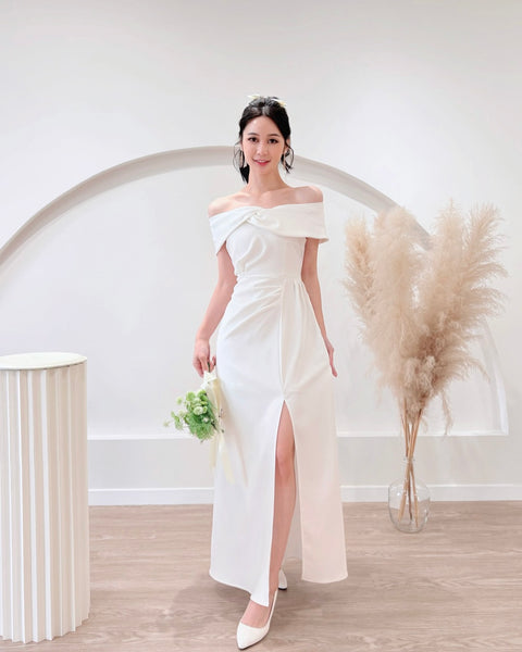 off the shoulder knot dress Danielle Off Shoulder Matte Satin With Knot Gown