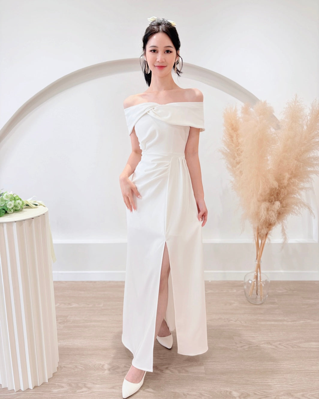 *PLUS SIZE* Off Shoulder Knot Design Slit Maxi Gown (S-2XL)