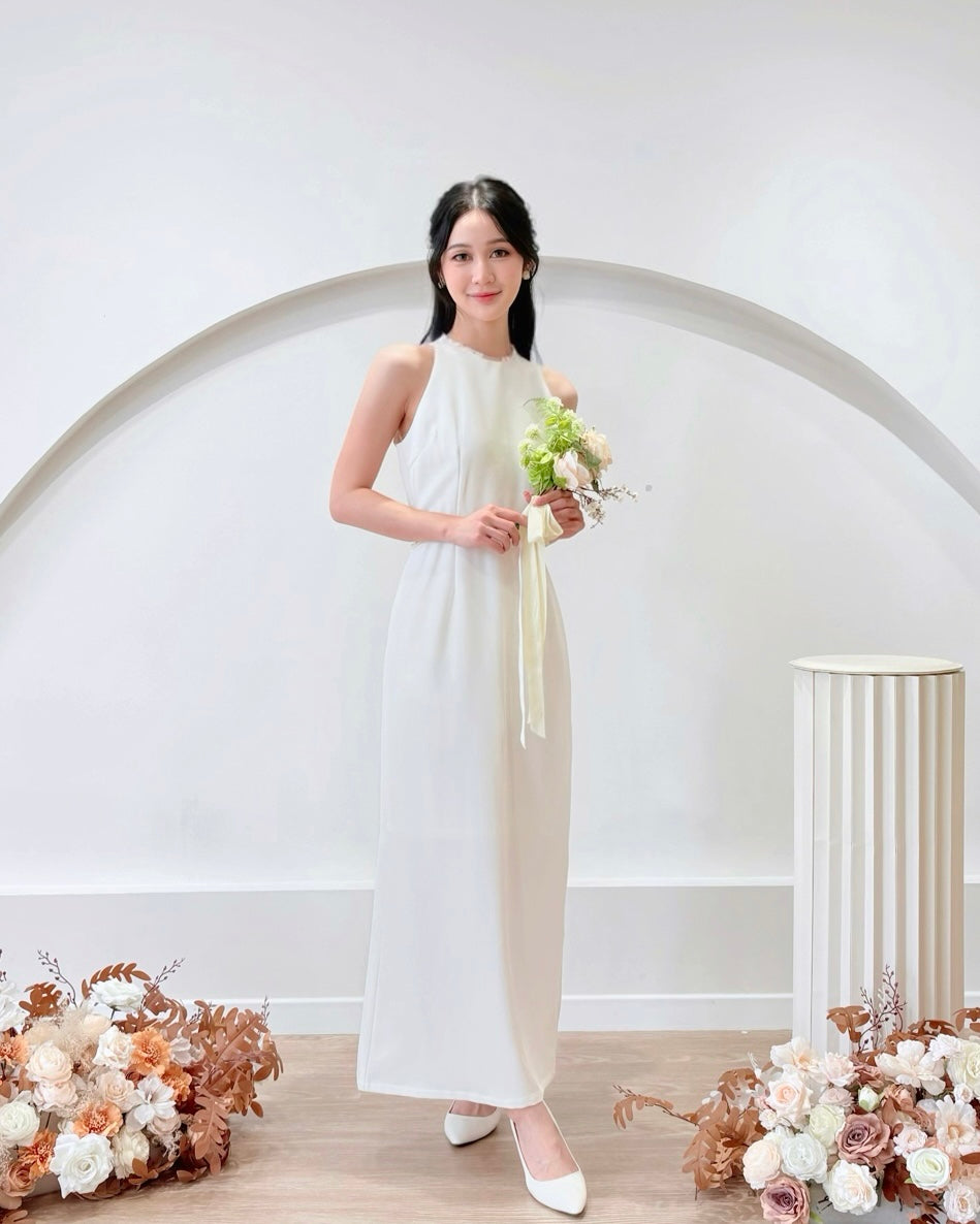 Sleeveless Beads Design Straight Maxi Dress WHITE/ BABY BLUE (S-L)