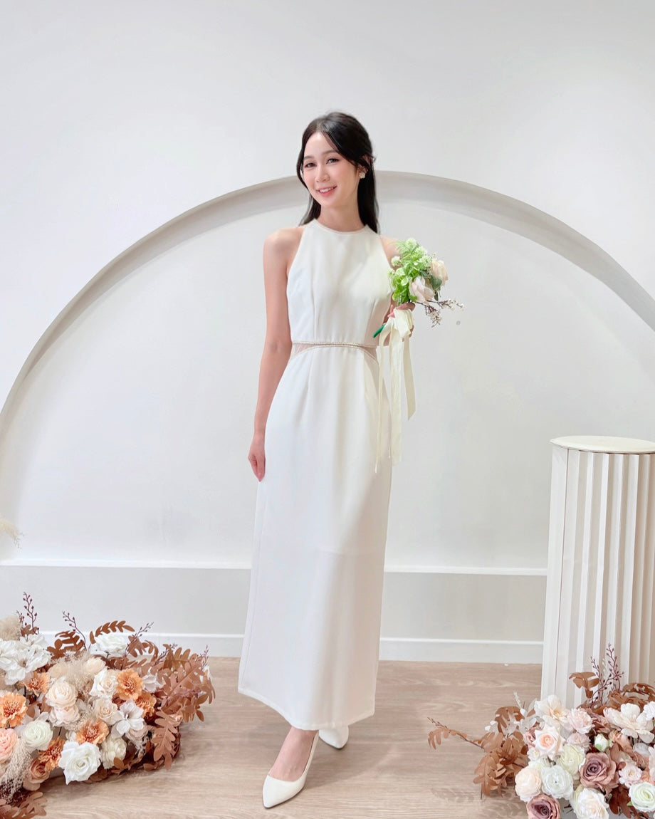 Sleeveless Beads Design Straight Maxi Dress WHITE/ BABY BLUE (S-L)