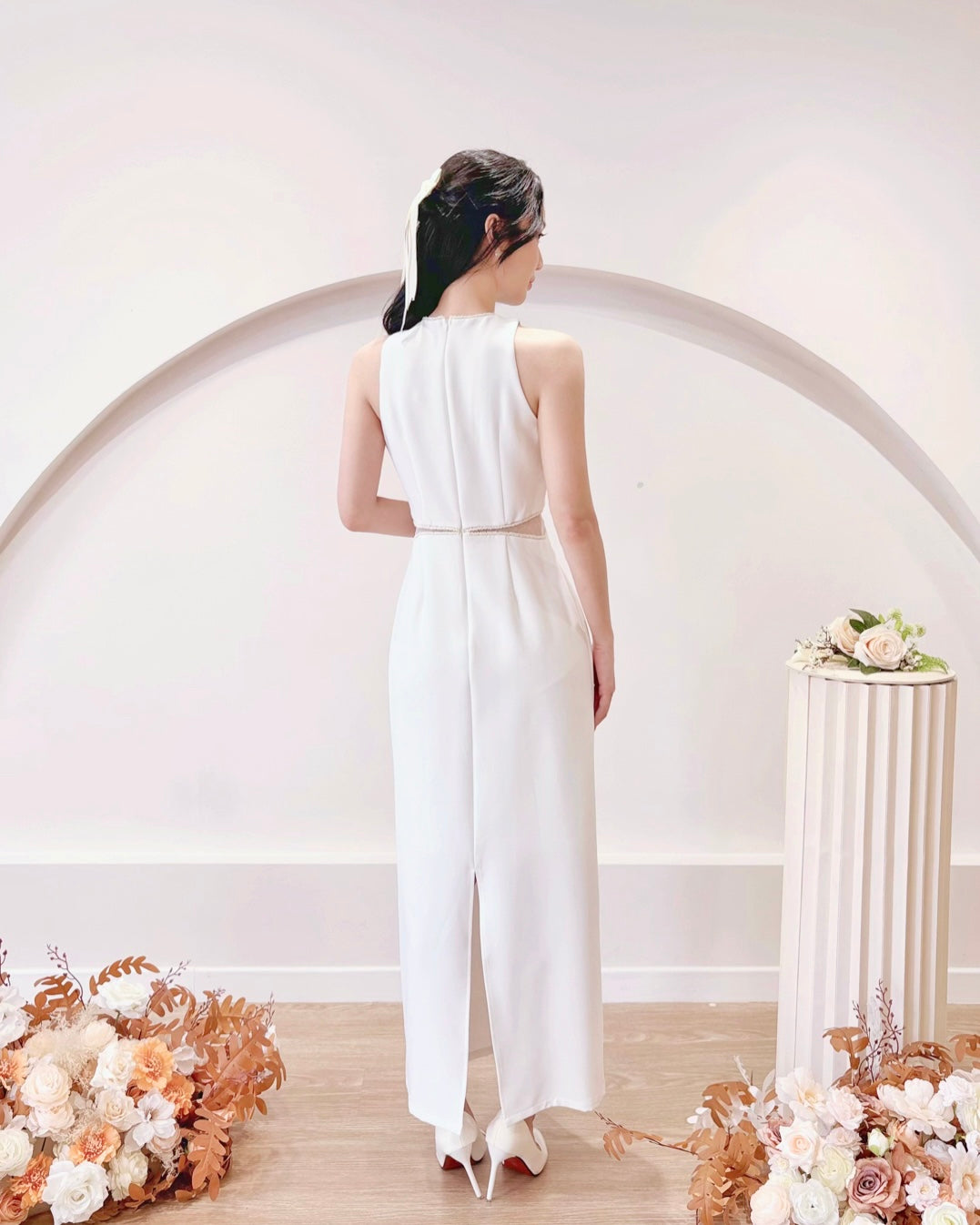 Sleeveless Beads Design Straight Maxi Dress WHITE/ BABY BLUE (S-L)