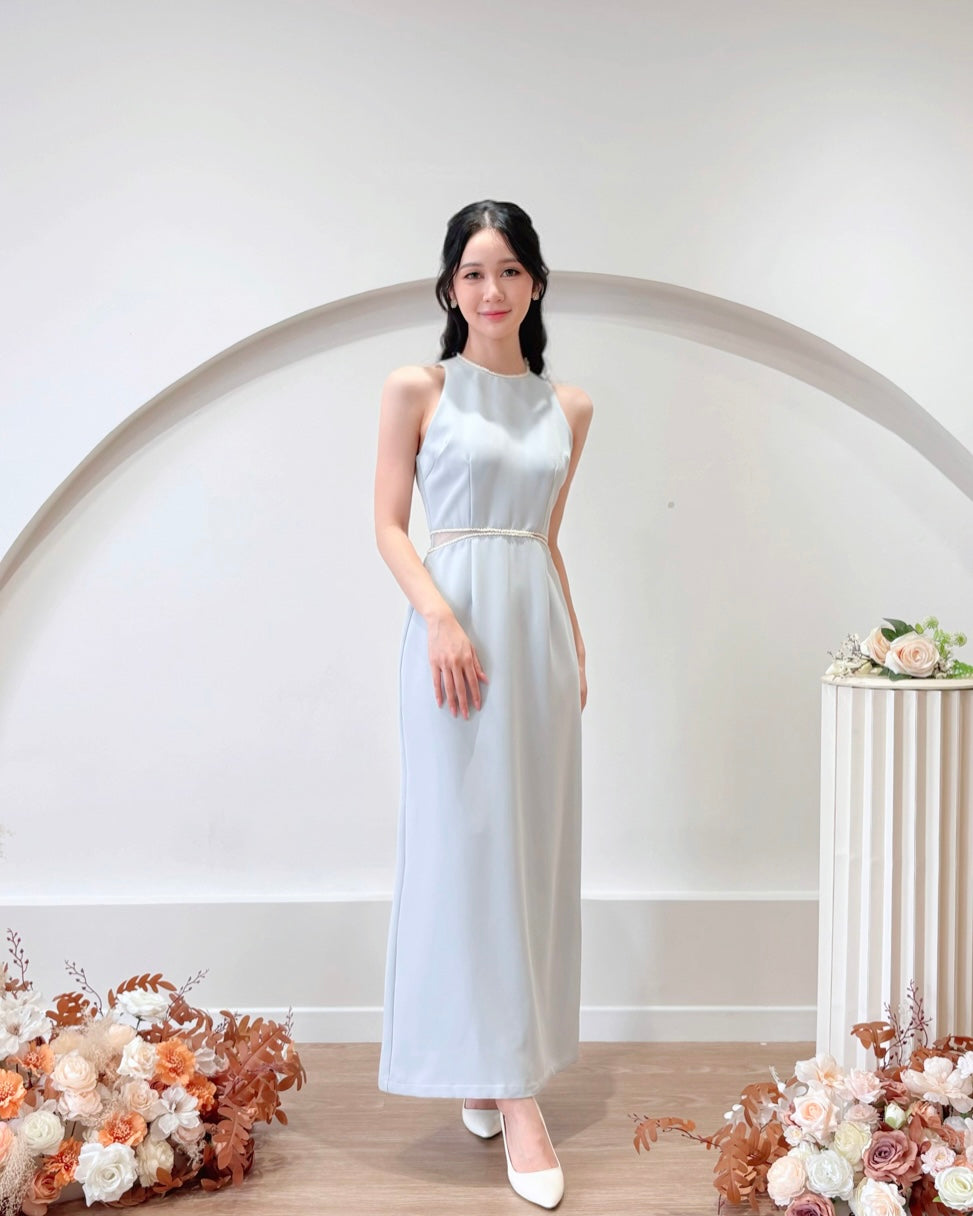 Sleeveless Beads Design Straight Maxi Dress WHITE/ BABY BLUE (S-L)