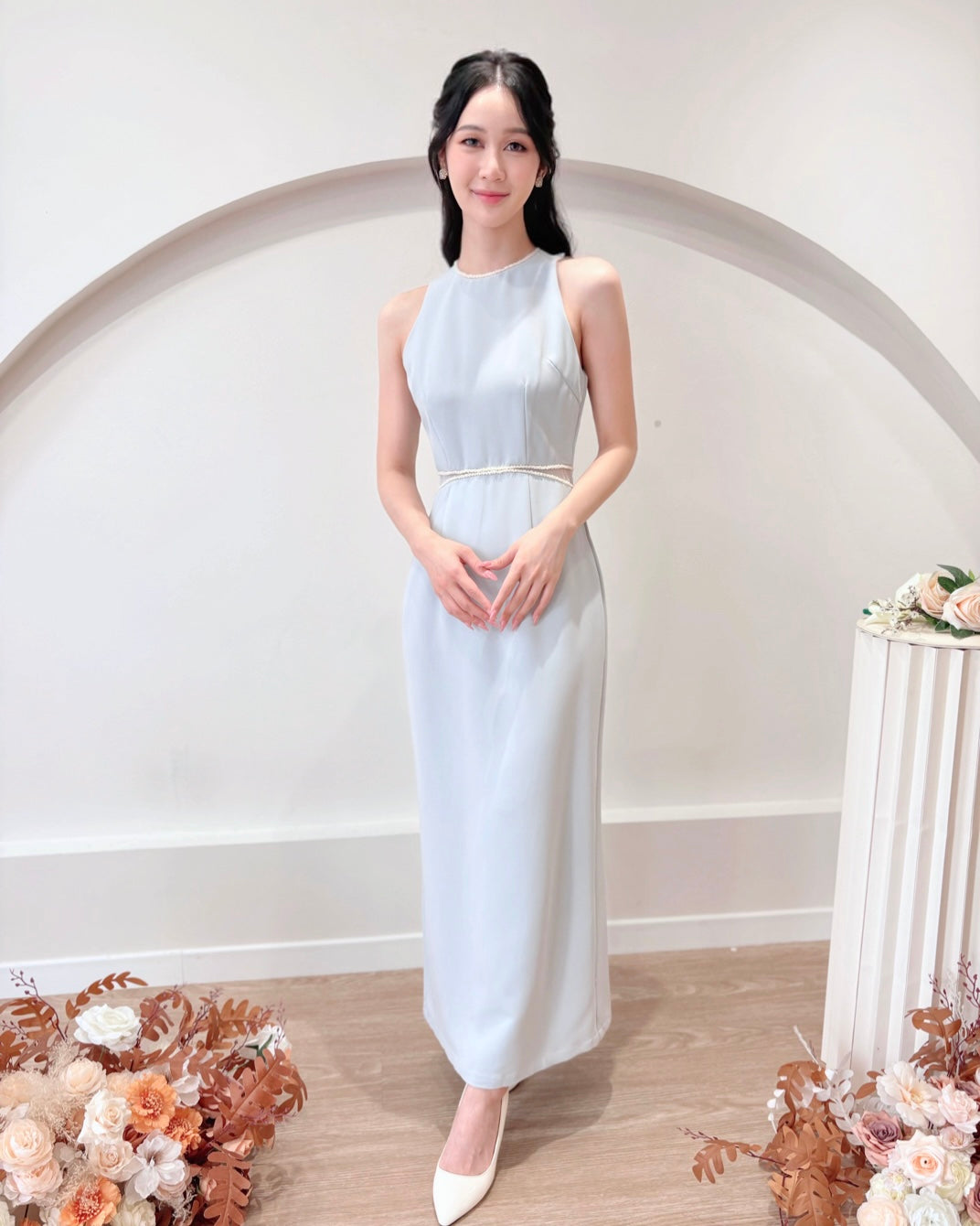 Sleeveless Beads Design Straight Maxi Dress WHITE/ BABY BLUE (S-L)