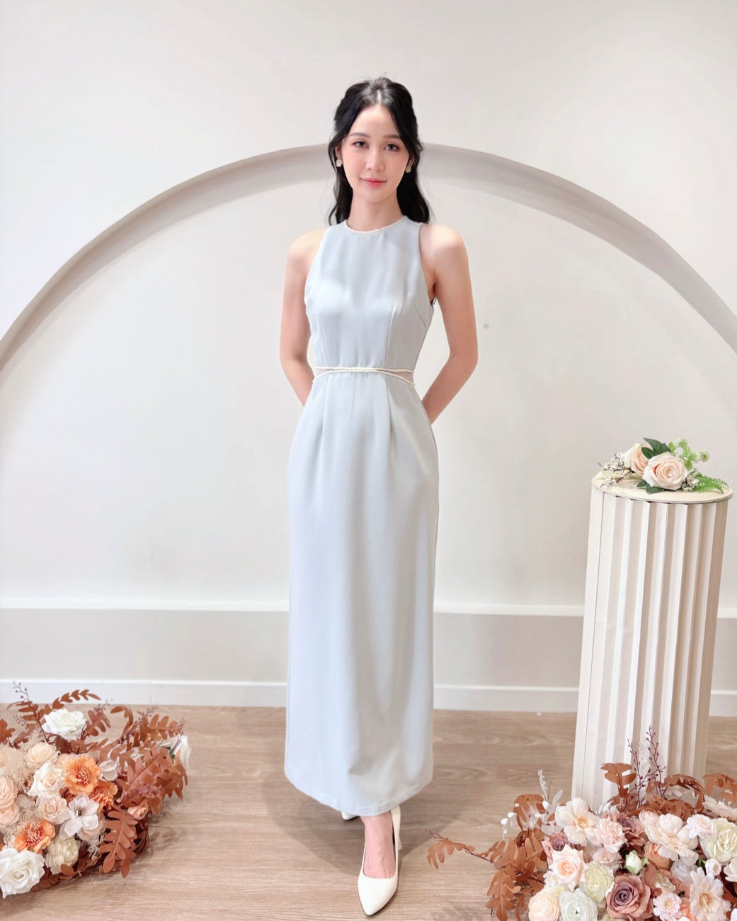 Sleeveless Beads Design Straight Maxi Dress WHITE/ BABY BLUE (S-L)