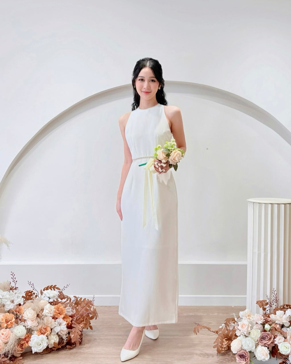 Sleeveless Beads Design Straight Maxi Dress WHITE/ BABY BLUE (S-L)