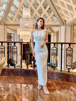 Halter Chain Design Long Dress  WHITE/ MAROON (S-L)