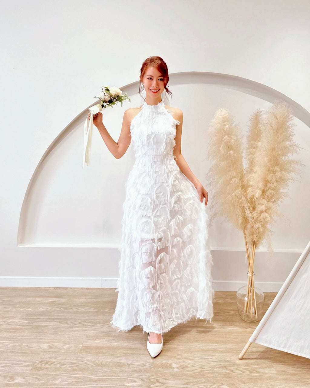 Furry Halter Design Flare Maxi Gown (S-L)